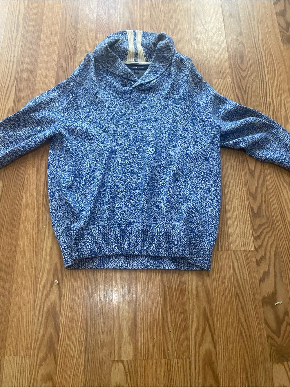 Tommy Hilfiger Blue and Cream Marled Shawl-Collar Pullover